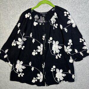 Lauren Michelle Woman Top 1X Black Gauze Floral Short Sleeve Cotton Embroidered